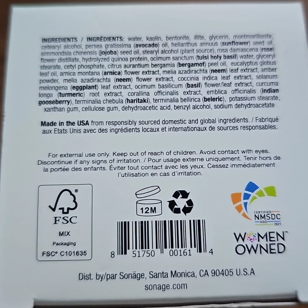 NIB Sonäge Tulsi Soothing Tri Clay Mask 1 Fl Oz